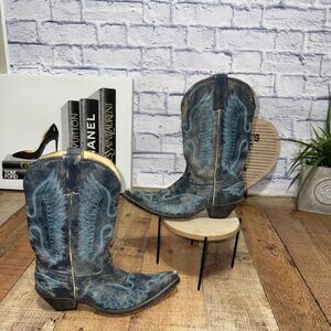 RUDEL snip Toe Western Cowgirl Boots Women's 6 E Grey black Blue Distressed